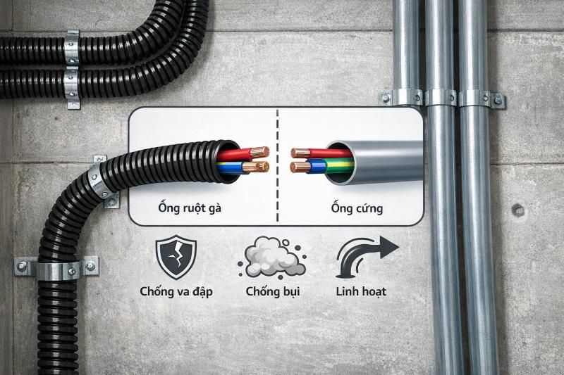 Ống ruột gà vượt trội hơn ống cứng nhờ sự linh hoạt, khả năng chống va đập và chống bụi hiệu quả.