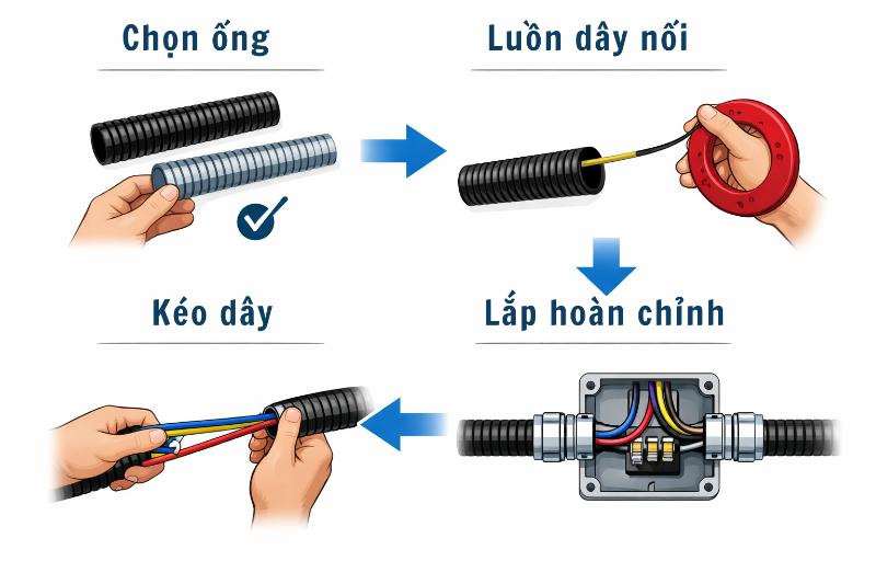 Hướng dẫn 4 bước luồn dây điện vào ống ruột gà đúng chuẩn, chống kẹt và xước dây.