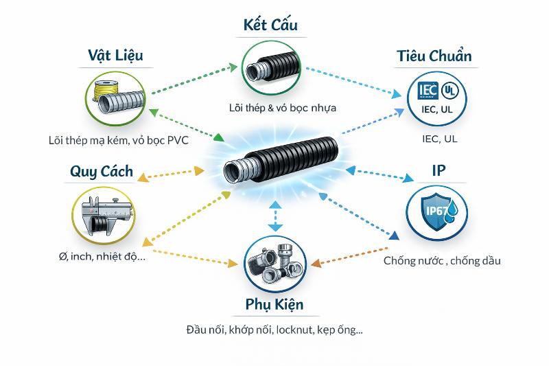 Vật liệu, kết cấu, tiêu chuẩn và phụ kiện là những yếu tố chính quyết định giá thành của ống ruột gà.