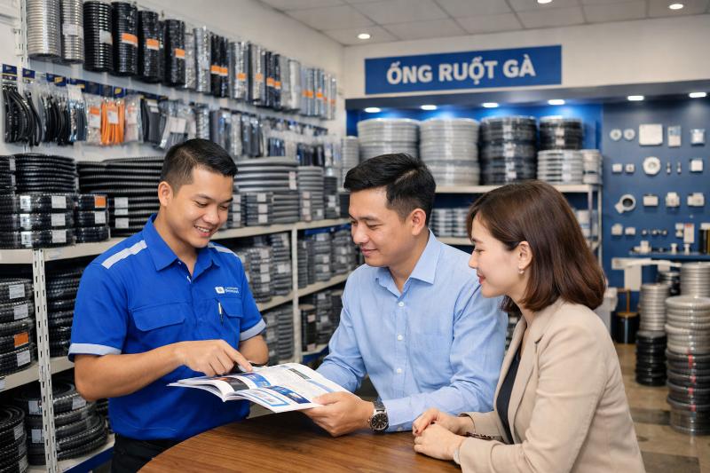 Khách hàng được tư vấn chuyên sâu để chọn đúng loại ống ruột gà tại cửa hàng Huritra.