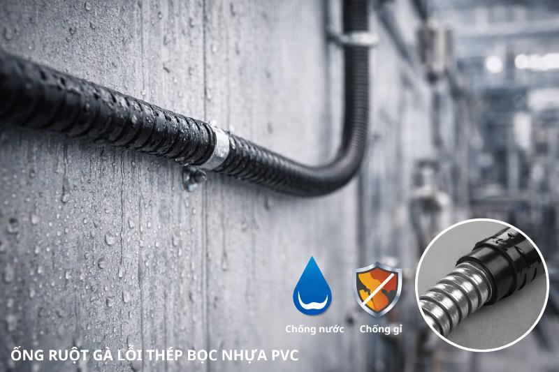 Lớp bọc PVC giúp ống ruột gà lõi thép gia tăng khả năng chống ẩm và chống ăn mòn.