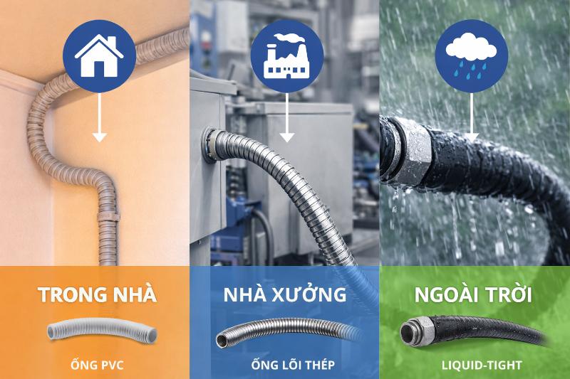 Chọn đúng loại ống ruột gà (PVC, lõi thép, Liquid-tight) cho từng môi trường để đảm bảo độ bền.