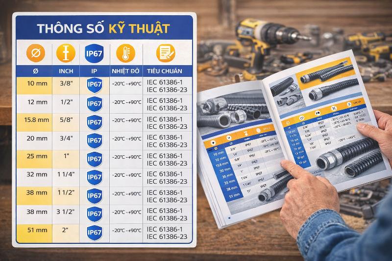 Cần đọc kỹ thông số kỹ thuật (Kích thước, IP, Nhiệt độ) trước khi quyết định mua ống ruột gà.